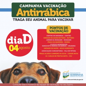 Dia “D” de vacinação antirrábica nesse sábado em Serrinha