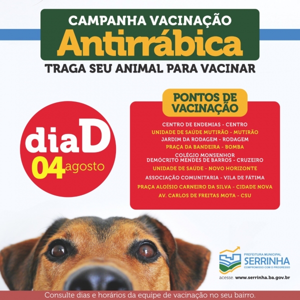 Dia “D” de vacinação antirrábica nesse sábado em Serrinha